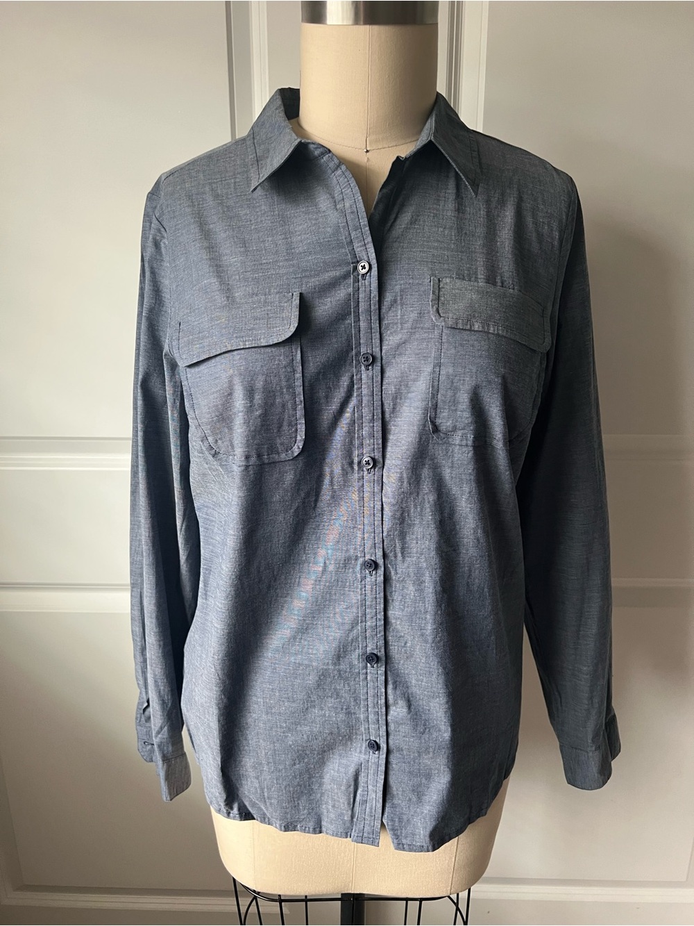 LOFT Long-Sleeve Button-Up Shirt in Slate Blue